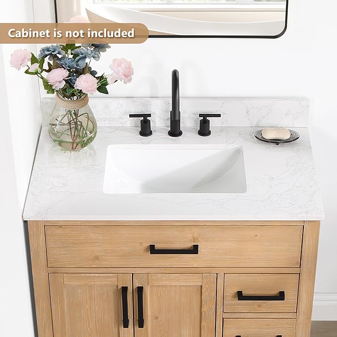 Ceres 37" Engineered Stone Vanity Top in Grain White with Single White Sink