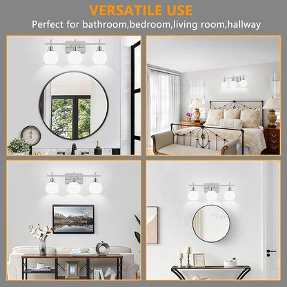 Modern Vanity Lighting Fixtures,3-Light Bathroom Lighting Fixtures Over Mirror，Brushed Nickel Wall Mounted Bathroom Vintage Lamp with Milky White Glass Lampshade for Living Room，Bedroom