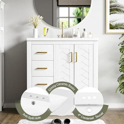 Merax Herringbone Single Sink Bathroom Vanity, Freestanding 30" Modern Bathroom Vanity Storage Cabinet with 3 Drawers and 2 Doors, Solid Wood Frame