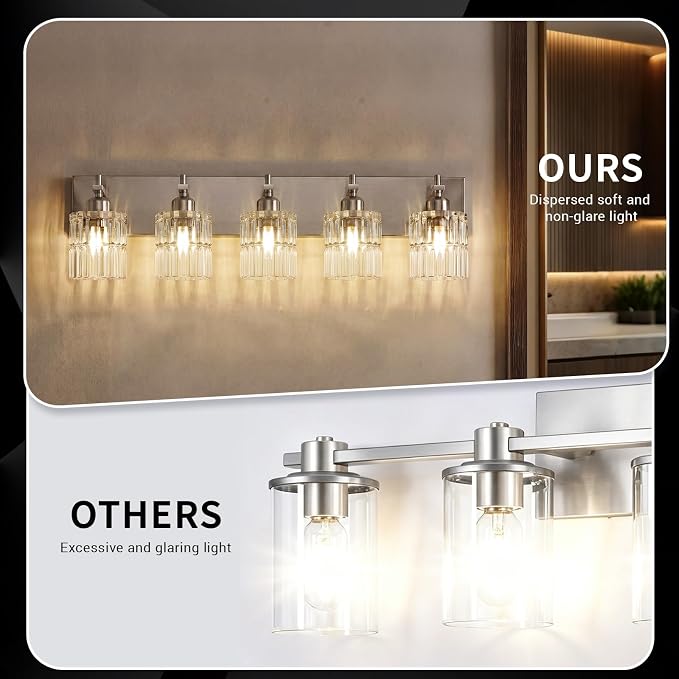 OCIOC 5-Light Bathroom Light Fixtures Brushed Nickel, Bathroom Vanity Light with Glass Shade, E26 Base Vanity Lights for Mirror,Bedroom,Living Room