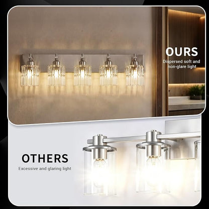 OCIOC 5-Light Bathroom Light Fixtures Brushed Nickel, Bathroom Vanity Light with Glass Shade, E26 Base Vanity Lights for Mirror,Bedroom,Living Room