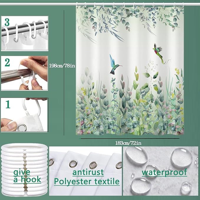 Green Leaf Shower Curtain - 72" W x 78" L with 12 Hooks, Weighted Hem, Waterproof, Sage Green