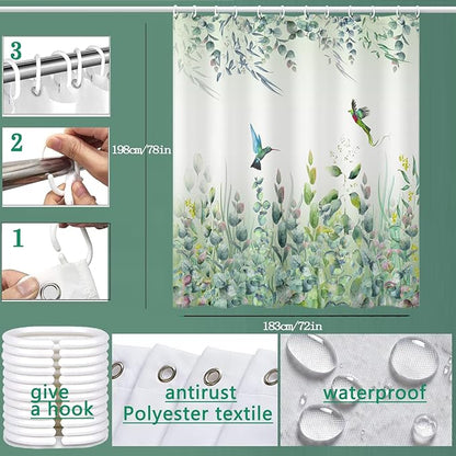 Green Leaf Shower Curtain - 72" W x 78" L with 12 Hooks, Weighted Hem, Waterproof, Sage Green