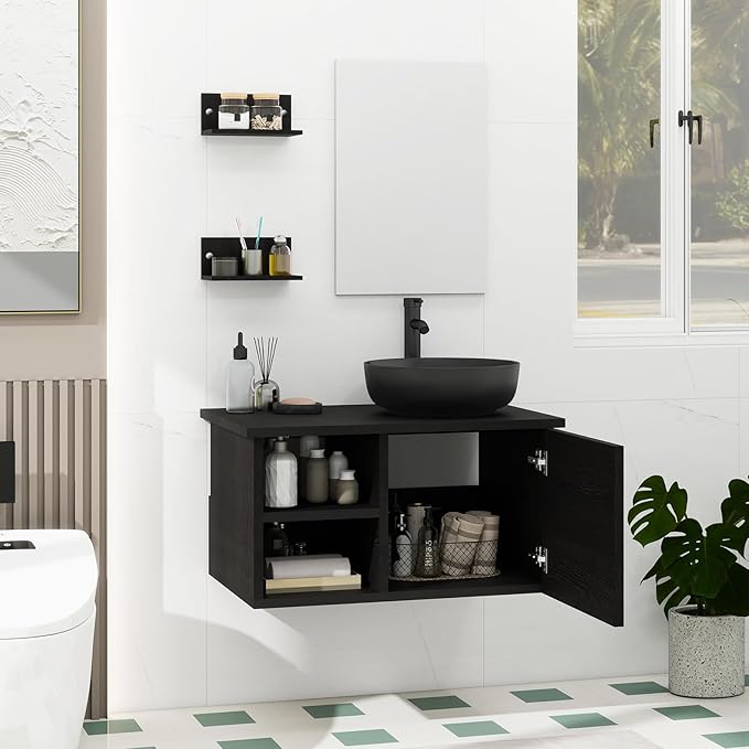 YOURLITE 28" Wall Mounted Bathroom Vanity Modern Lavatory Wood Cabinet with Mirror Black Round Countertop Sink Combo Vanities Set