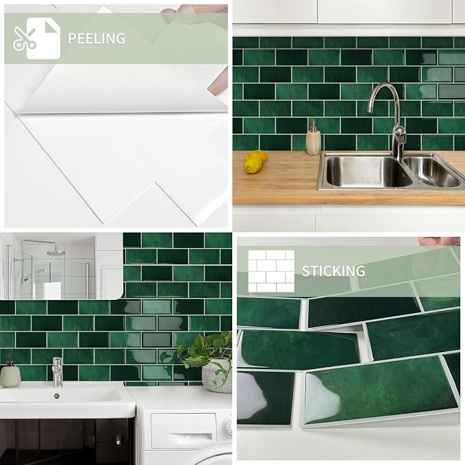 10-Sheet Thick Peel and Stick Kitchen Backsplash Tiles | 3D Subway Waterproof Self-Adhesive Wall Tile Stick on Backsplash for Kitchen and Bathroom(Dark Green,12.6"×10.6")