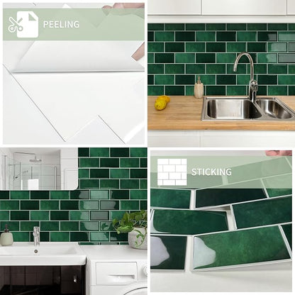 10-Sheet Thick Peel and Stick Kitchen Backsplash Tiles | 3D Subway Waterproof Self-Adhesive Wall Tile Stick on Backsplash for Kitchen and Bathroom(Dark Green,12.6"×10.6")