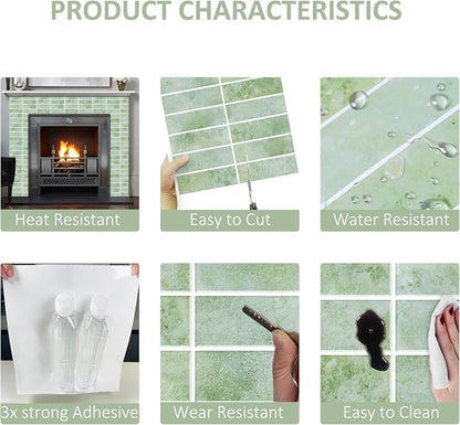 Green Peel and Stick Backsplach Tile, 12"x12" Back Splash Stick on Tiles for Kitchen, Bathroom, 10 Sheets