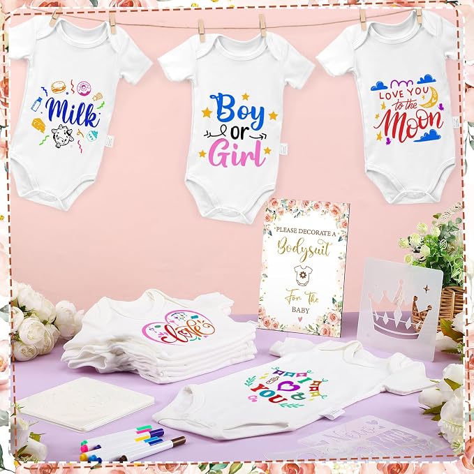 Panitay 126 Pcs Baby Shower DIY Bodysuit Set Bib 25 Blank White Newborn Bodysuit 25 Stencils 24 Marker 1 Sign 50 Pins(Floral)