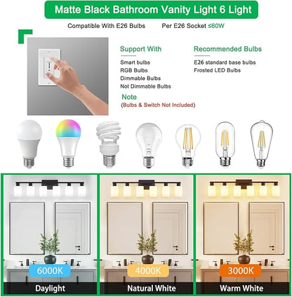 6-Light Bathroom Vanity Light Black, Matte Black Bathroom Light Fixture, Vanity Lights with Milky White Frosted Glass Shades, Wall Sconces Over Mirror for Makeup Living Room(Bulbs Not Included)