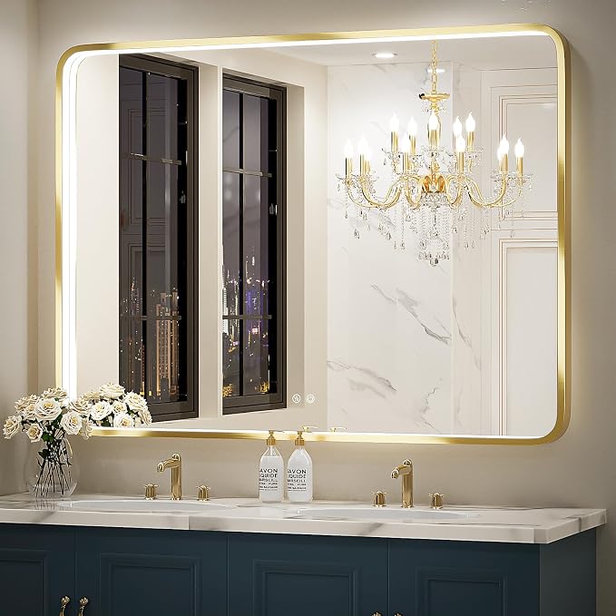 48X36 Inch LED Gold Frame Bathroom Mirror,3 Color | ETL Listed,Anti-Fog,3000K/4500K/6000K Dimmable,Horizontal & Vertical,Wall Mounted,Memory Function