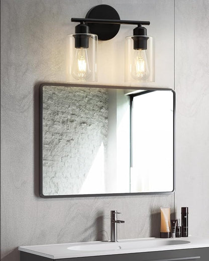 2-Light Bathroom Light Fixtures, Matte Black Bathroom Vanity Lights, Bathroom Lighting Fixtures Over Mirror with Clear Glass Shade, Wall Sconce Light for Bedroom, Living Room and Hallway