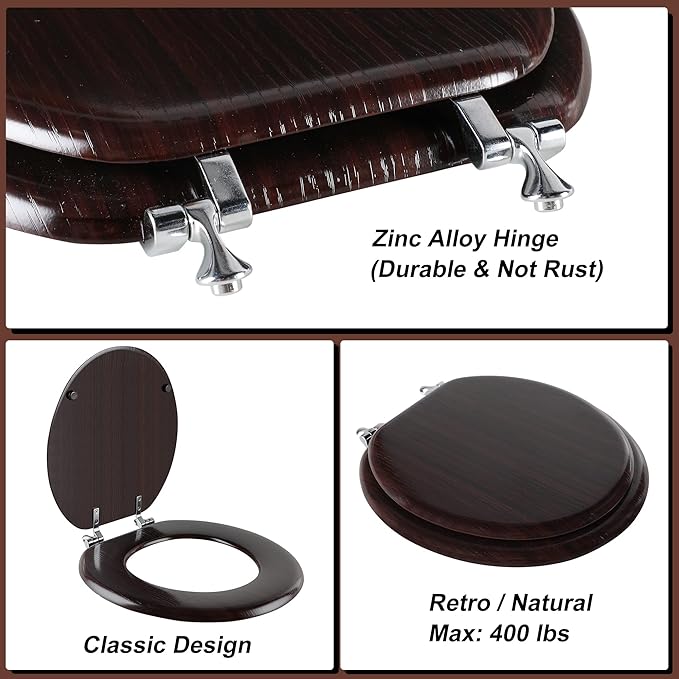 Round Toilet Seat Molded Wood Toilet Seat with Zinc Alloy Hinges, Easy to Install also Easy to Clean, Anti-pinch Wooden Toilet Seat by Angol Shiold (Round, Dark Brown)