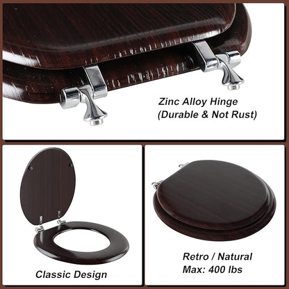 Round Toilet Seat Molded Wood Toilet Seat with Zinc Alloy Hinges, Easy to Install also Easy to Clean, Anti-pinch Wooden Toilet Seat by Angol Shiold (Round, Dark Brown)