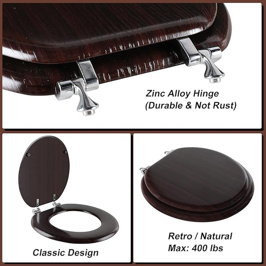 Round Toilet Seat Molded Wood Toilet Seat with Zinc Alloy Hinges, Easy to Install also Easy to Clean, Anti-pinch Wooden Toilet Seat by Angol Shiold (Round, Dark Brown)