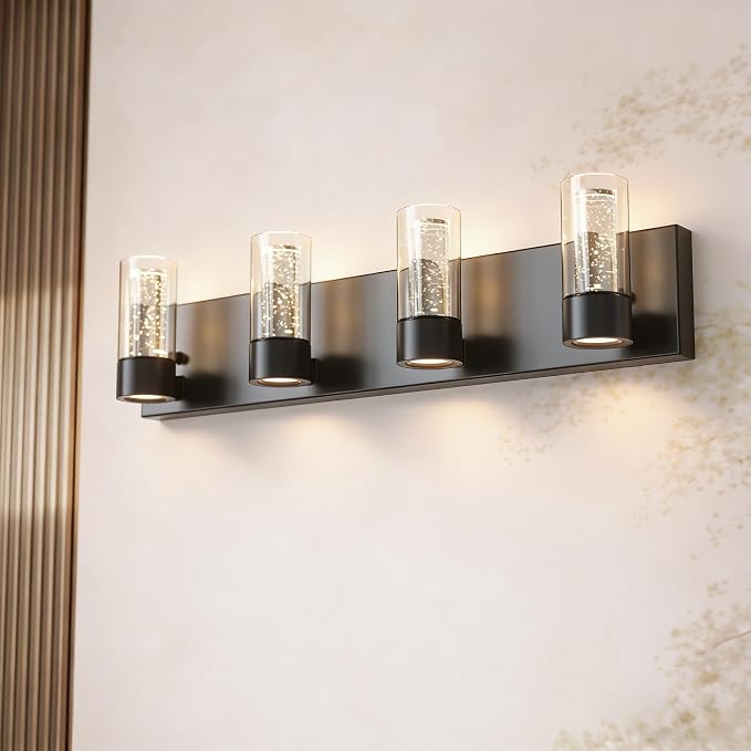 Alice Modern 4-Light Vanity Light Fixture, Integrated Led and Premium Bubble Glass, for Bathroom, Hallway, Entryway, Kitchen, Mirror, Laundry Room (Black)