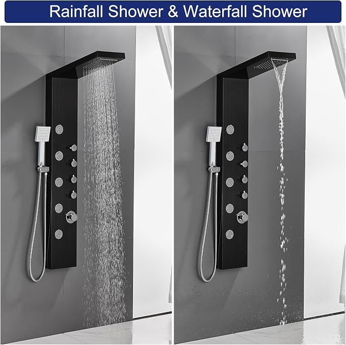 ROVATE 4-in-1 Rainfall Waterfall Shower Panel Tower System, Black | Shower Column with Body Massage Jets and Handheld, Stainless Steel High Pressure, Use Multiple Functions Simultaneously