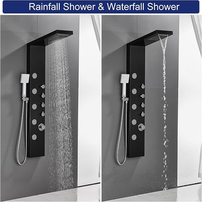 ROVATE 4-in-1 Rainfall Waterfall Shower Panel Tower System, Black | Shower Column with Body Massage Jets and Handheld, Stainless Steel High Pressure, Use Multiple Functions Simultaneously