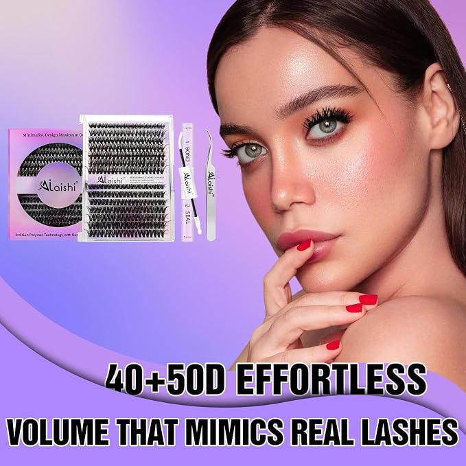 Lash Clusters Kit, DIY Cluster Eyelash Extensions 9‑16mm, 40D+50D, 280pcs, D Curl Natural Volume Lashes with Bond & Seal,Tweezers–Fake Cat Eye Wispy Individual Clusters