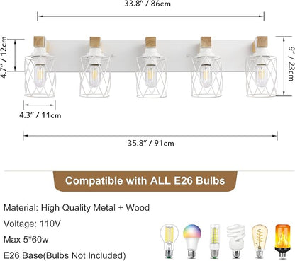 Farmhouse 5-Light Wood Bathroom Vanity Light, White Metal Cage Shade | Mounted Over Mirror, Industrial Rustic Style, Ideal for Bathroom, Bedroom, Hallway & Living Room, Easy To Install