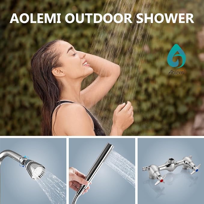 Aolemi Outdoor Shower Kit with Handheld,Round Rain Shower,Polish Chrome | 2-Handle Hot and Cold Control, Adjustable Height, 6-Inch Center Valve, 59-Inch Hose, Winter Drainage Outdoor Shower Fixtures