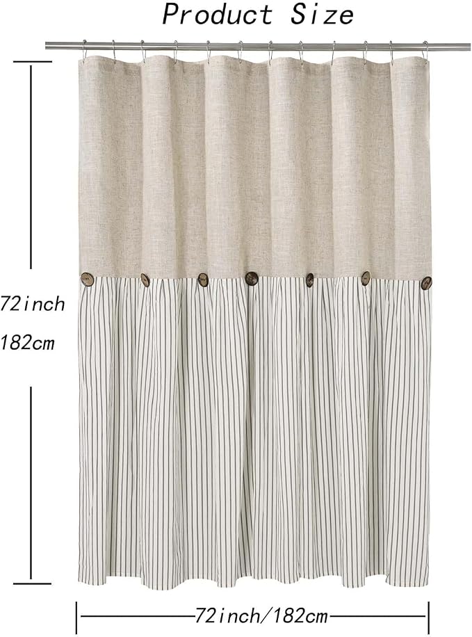 DOSLY IDÉES Farmhouse Shower Curtain,Beige and Gray Stripe,Button Curtain,Linen and Cotton Woven Fabric,Rustic Charm Country Chic Style,72x72 in | Button Bathroom Curtain, Linen and Cotton Woven Fabric, Rustic Charm Country Chic Style