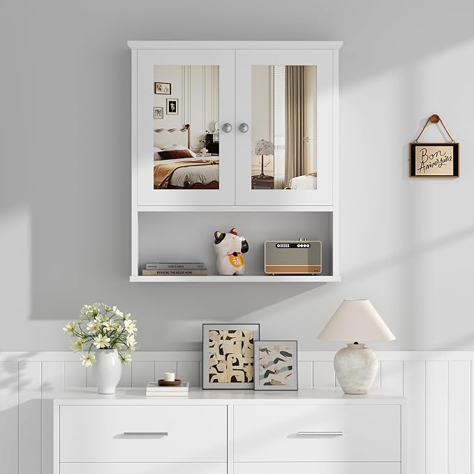 Shintenchi Bathroom Medicine Cabinet with Mirror, Wall Mounted, White | Over The Toilet Cupboard, Adjustable Shelf, Open & Concealed Storage, 2 Magnet Doors, Space-Saving, Easy to Clean