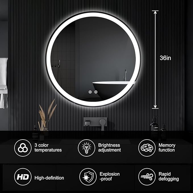 DUMOS 36 Inch Round LED Bathroom Mirror with Lights, Circle Vanity Mirror with Anti-Fog, Dimmable, 3-Color Light, Memory Function, Tempered Glass