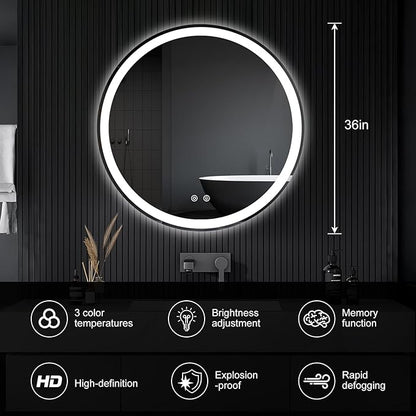 DUMOS 36 Inch Round LED Bathroom Mirror with Lights, Circle Vanity Mirror with Anti-Fog, Dimmable, 3-Color Light, Memory Function, Tempered Glass