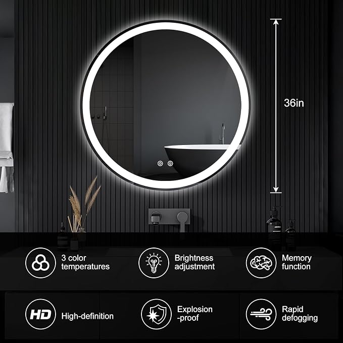 NEWBULIG 36'' Round LED Bathroom Mirror with Lights, Circle Vanity Mirror | Anti-Fog, Dimmable, 3-Color Light, Front Light and Backlit, Memory Function, Tempered Glass