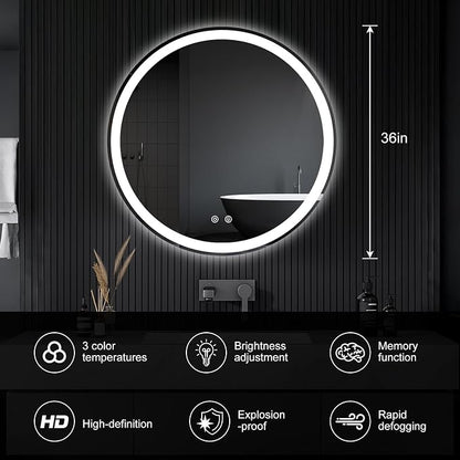 NEWBULIG 36'' Round LED Bathroom Mirror with Lights, Circle Vanity Mirror | Anti-Fog, Dimmable, 3-Color Light, Front Light and Backlit, Memory Function, Tempered Glass