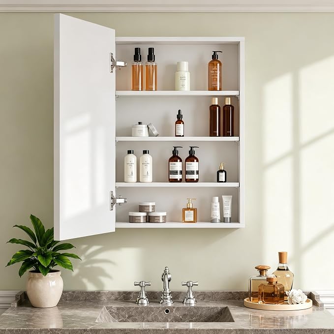 Buruis 24 x 30 Inch Bathroom Wood Medicine Cabinet Mirror, White | Fully Assembled Design, Adjustable Glass Shelves, Soft-Close Hinges, Bathroom Storage Organizer, Left/Right Opening