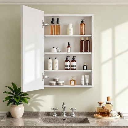 Buruis 24 x 30 Inch Bathroom Wood Medicine Cabinet Mirror, White | Fully Assembled Design, Adjustable Glass Shelves, Soft-Close Hinges, Bathroom Storage Organizer, Left/Right Opening