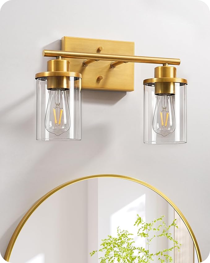 EDISHINE 2-Light Gold Vanity Lights Over Mirror, Modern Wall Sconces, E26 | Clear Glass Shades, Metal Frame with Brushed Brass Finish, Ideal for Powder Room, Vanity Table, Kitchen