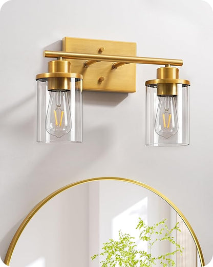 EDISHINE 2-Light Gold Vanity Lights Over Mirror, Modern Wall Sconces, E26 | Clear Glass Shades, Metal Frame with Brushed Brass Finish, Ideal for Powder Room, Vanity Table, Kitchen
