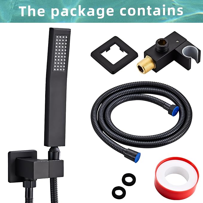 Black square hand shower head, handheld shower head with hose,brass High pressure flushing With adjustable water supply elbow Wall mount connector Shower bracket and hose set