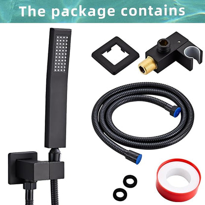 Black square hand shower head, handheld shower head with hose,brass High pressure flushing With adjustable water supply elbow Wall mount connector Shower bracket and hose set