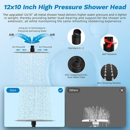 Hibbent High Pressue All Metal 12" Rainfall Shower Head, Handheld 10-Spray | cUPC Certified Oil-Rubbed Bronze Dual Showerhead Combo, 4-way Diverter with Pause Mode, Extension Arm, 71'' Hose & Holder