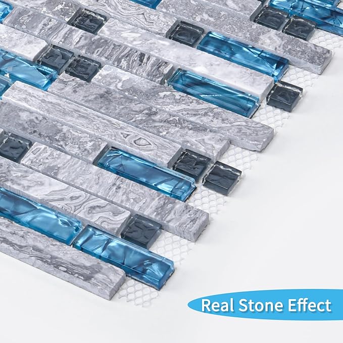 Art3d Grout Decorative Tile, Blue/Gray, Glass, for Kitchen Backsplash or Bathroom Backsplash (5 Pack)