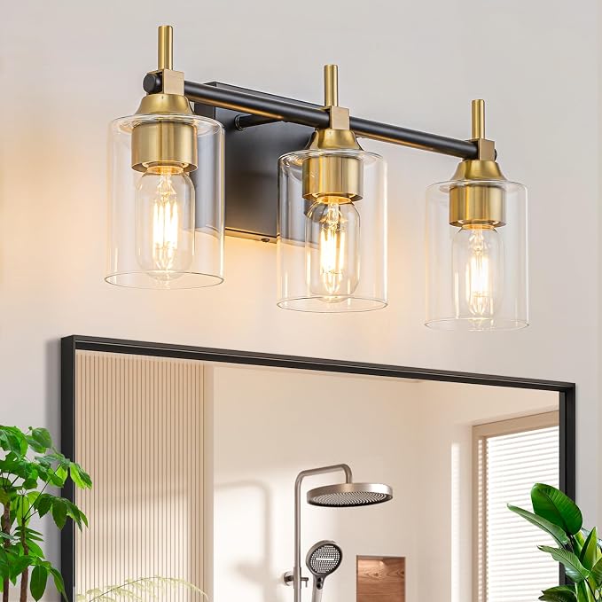 3-Light Modern Bathroom Vanity Light,Black and Gold Light Fixtures for Bathroom,Modern Wall Light Over Mirror with Glass E26 Socket (Bulbs Not Included)