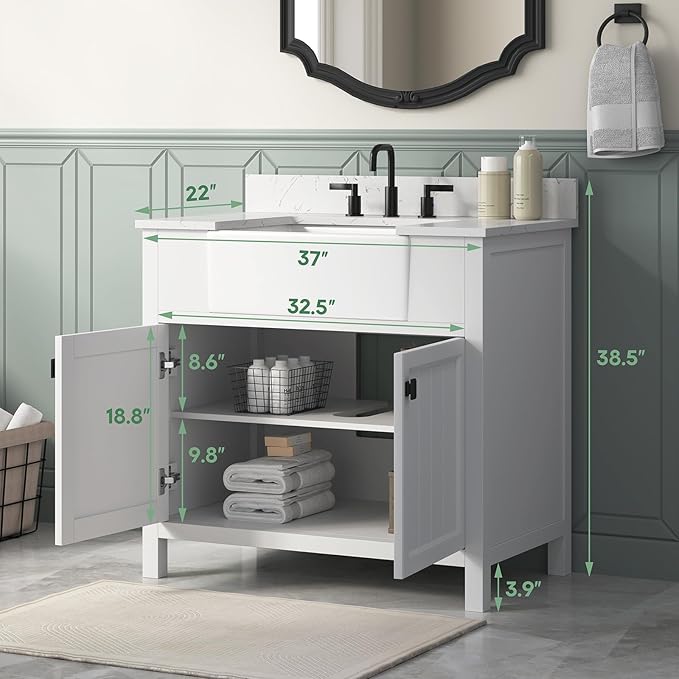 36 Inch White Bathroom Vanity with Sink, Farmhouse Bathroom Vanities Cabinet with Soft Closing Doors, Vanity for Bathroom with Apron Farm Sink, Solid Wooden Frame