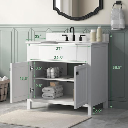 36 Inch White Bathroom Vanity with Sink, Farmhouse Bathroom Vanities Cabinet with Soft Closing Doors, Vanity for Bathroom with Apron Farm Sink, Solid Wooden Frame