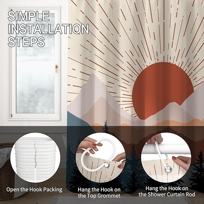 Abstract Mid Century Shower Curtain Boho Sunset Geometric Mountain Forest Aesthetic Shower Curtain Bohemian Minimalist Bathroom Decor Curtains Waterproof Fabric with Hooks 60x72 inch