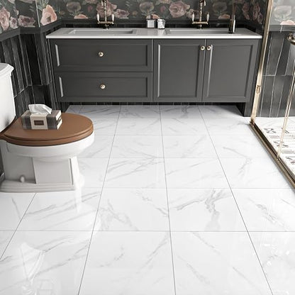 White Marble Peel and Stick Floor Tile Bathroom Self Adhesive Floor Tiles Peel and Stick Waterproof Kitchen Flooring Tiles Removable Marble Tile for Bedroom Living Room Camper 5 Pcs 12" x 12"