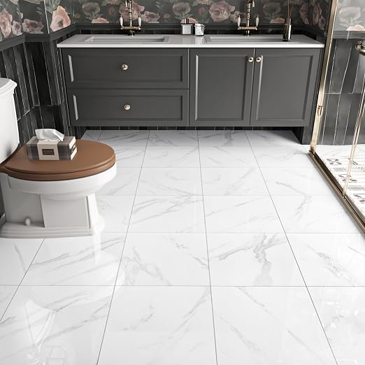 White Marble Peel and Stick Bathroom Floor Tile Self Adhesive Vinyl Tiles Peel and Stick Floor Waterproof Vinyl Flooring for Kitchen Bedroom Living Room Garage Camper RV 10 Pcs 12 x 12 inch