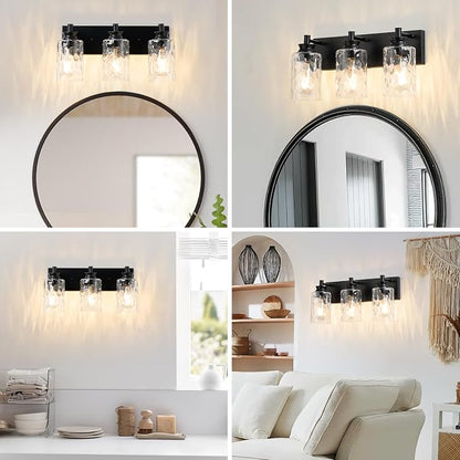 3 Light Bathroom Vanity Light Modern Black Bathroom Light Fixtures Over Mirror with Hammered Glass Lampshade for Kitchen Hallway