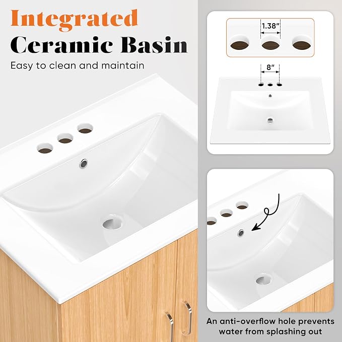 Sweetcrispy 24" Modern Bathroom Vanity with Ceramic Basin, Undermount Vanity Sink Cabinet with 2 Doors and 1 Inner Drawer, Free Standing Bathroom Storage Cabinet with Sink Combo Set, Classic Wood