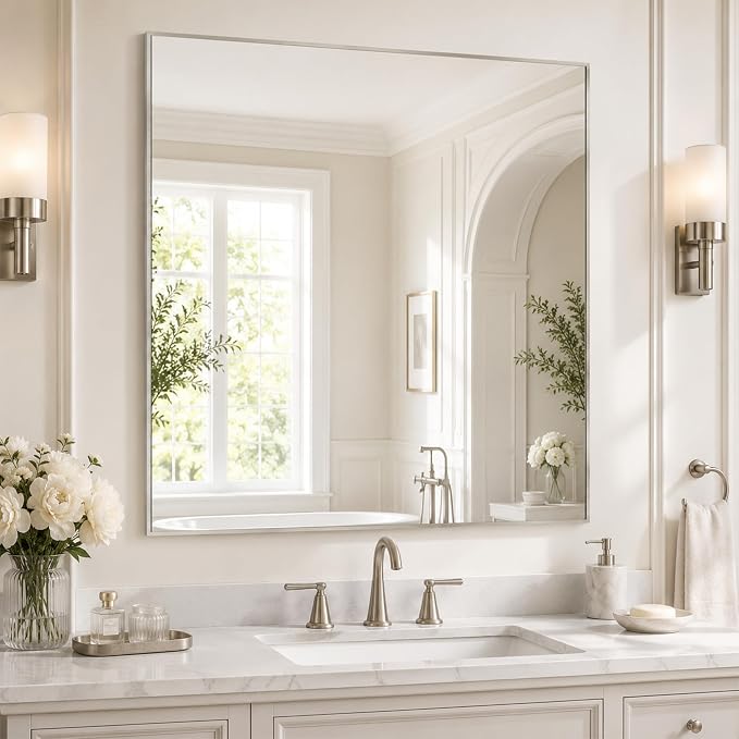 30"x30" Brushed Nickel Framed Square Bathroom Vanity Wall Mirror | Accent Wall Mirror, Square Geometric Look, Slim Metal Frame, Living Room or Entryway, Keyhole Mount, Tempered Glass