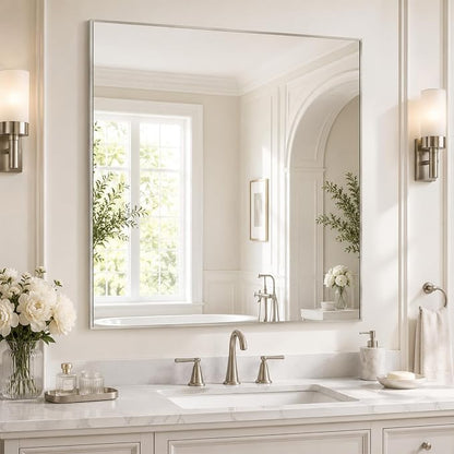 30"x30" Brushed Nickel Framed Square Bathroom Vanity Wall Mirror | Accent Wall Mirror, Square Geometric Look, Slim Metal Frame, Living Room or Entryway, Keyhole Mount, Tempered Glass