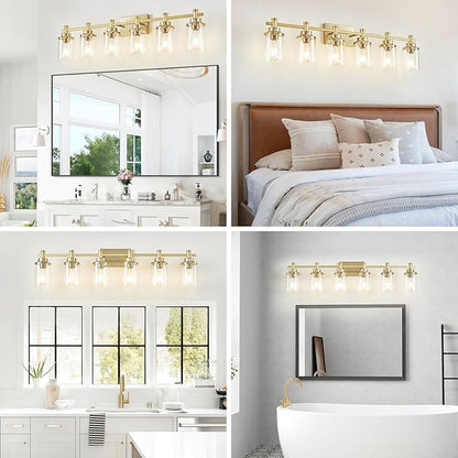 Brushed Brass Vanity Light, 6-Light Fixtures with Clear Glass Shades, Over Mirror, for Bathroom, Living Room, Hallway