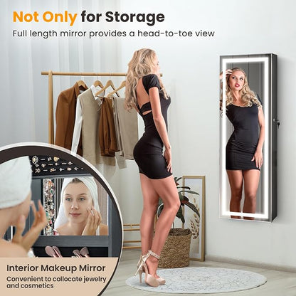 GOFLAME LED Mirror Jewelry Cabinet 47”, Wall/Door Mounted Full Length Mirror with Storage, 3-Color Lights, Interior Makeup Mirror, Jewelry Storage Organizer, Lockable Jewelry Armoire, Black